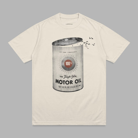 Cream t-shirt with vintage 100% Tough-Film Motor Oil can design.