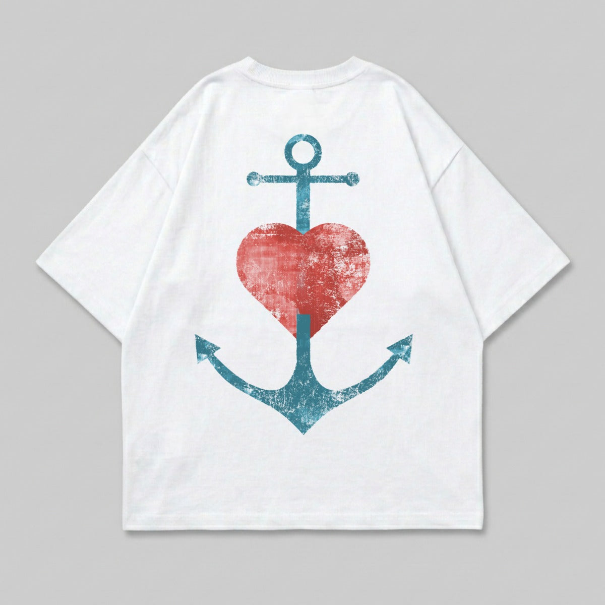 White t-shirt with distressed anchor and heart graphic on back.
