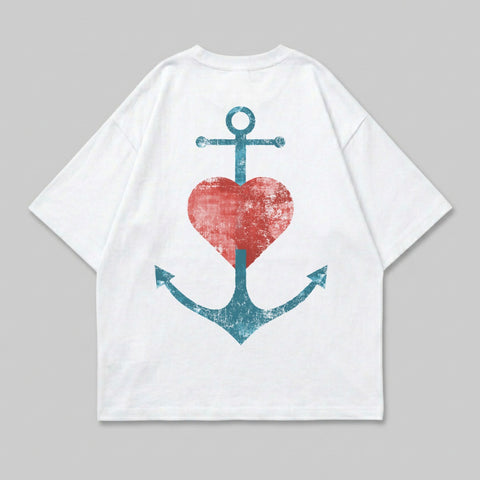 White t-shirt with distressed anchor and heart graphic on back.