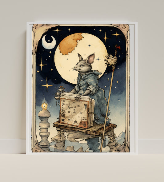 Enchanting Rabbit Wizard with Moon and Stars Poster