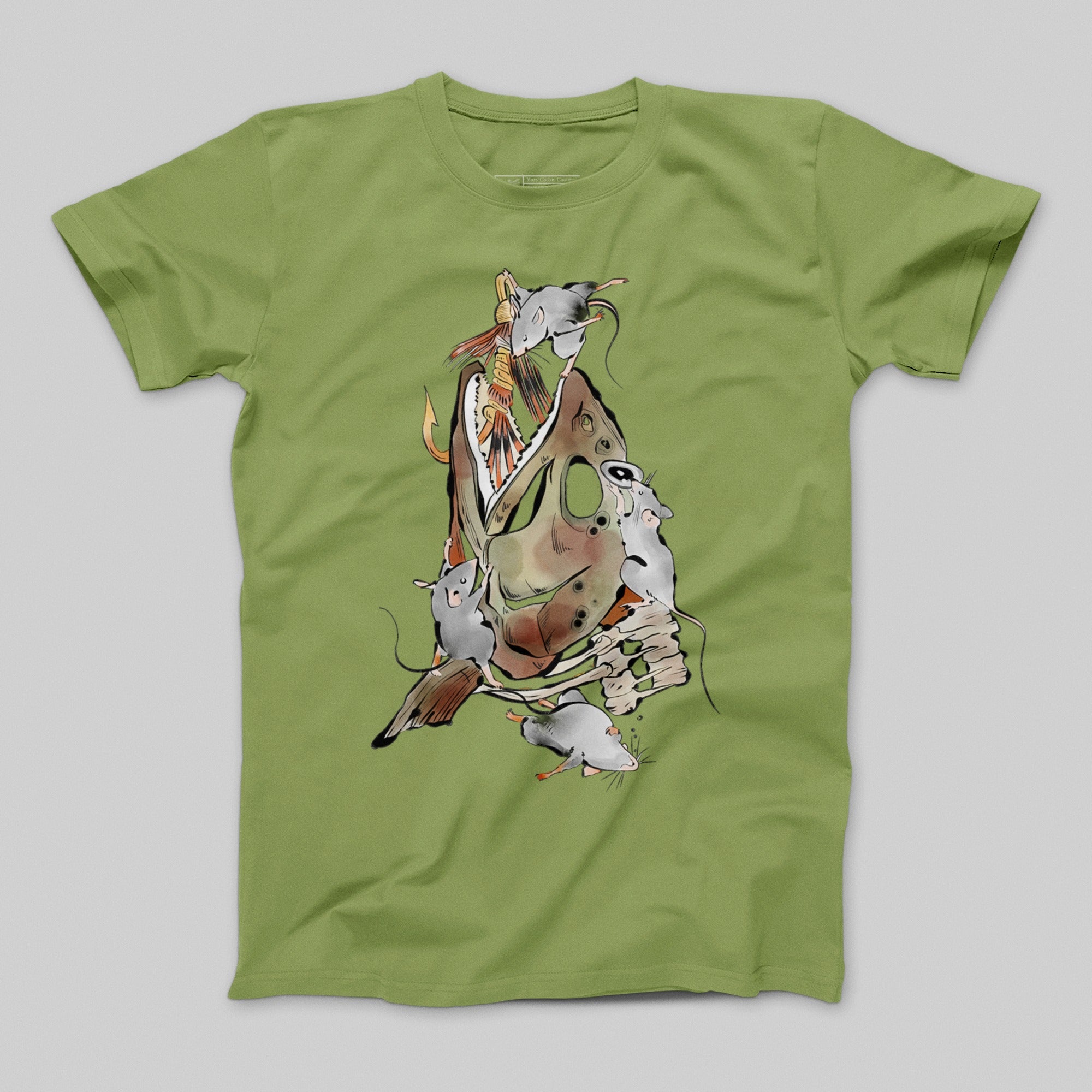 Fish and Mice Graphic Olive Green T-Shirt Product