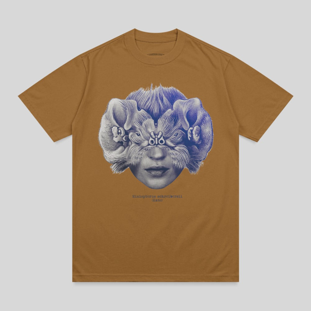Brown t-shirt with abstract blue face and text "Miniopterus schreibersii".