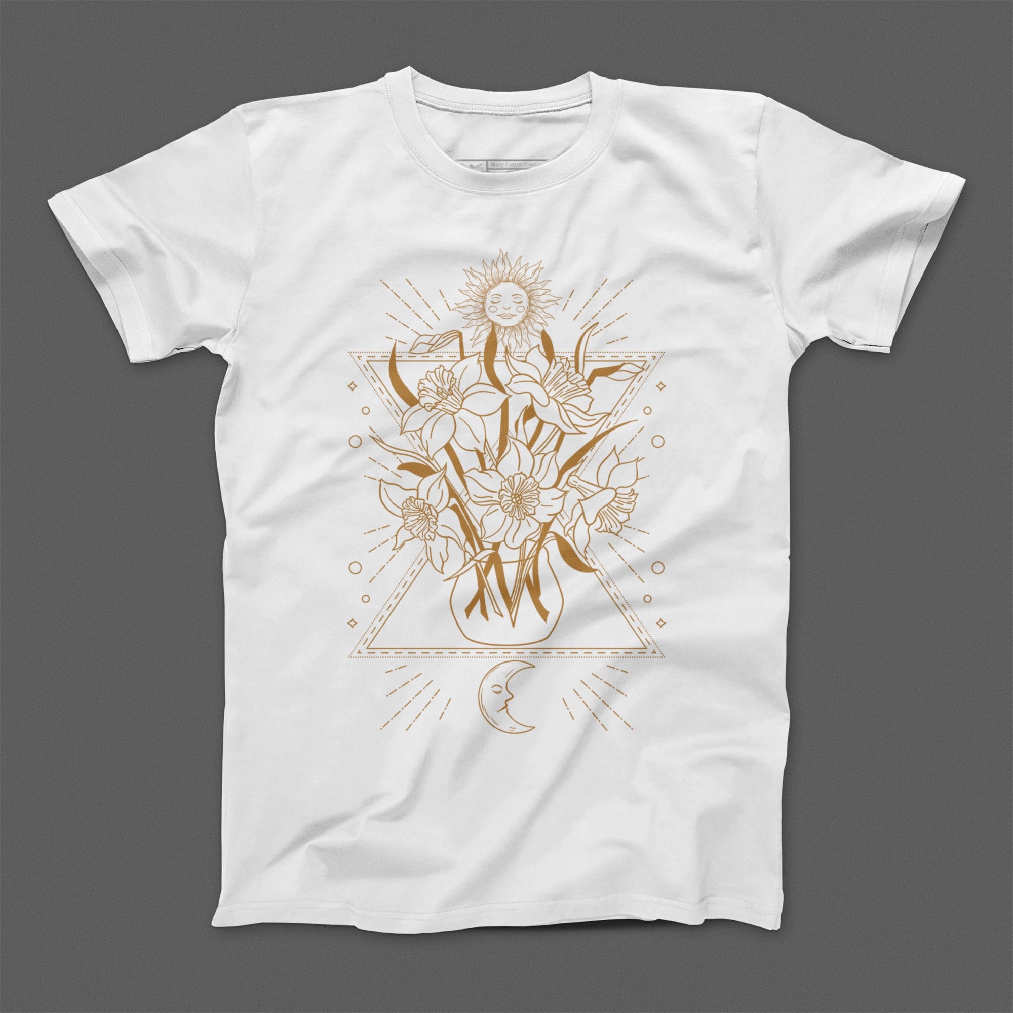 Golden Floral Geometric Design on White T-Shirt