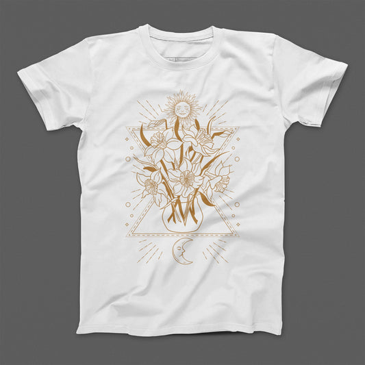 Golden Floral Geometric Design on White T-Shirt