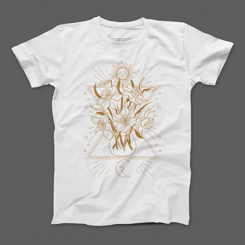 Golden Floral Geometric Design on White T-Shirt