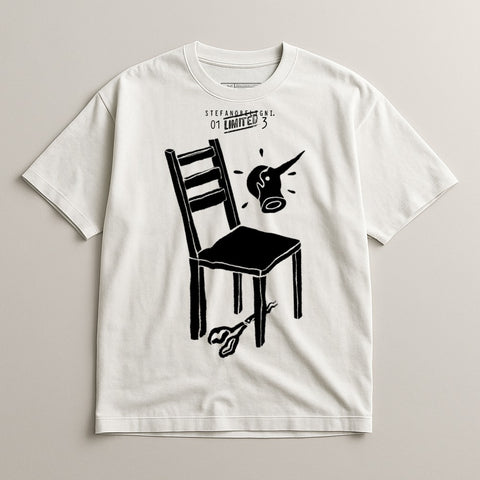 Graphic Tee with Retro Chair Design and Abstract Art