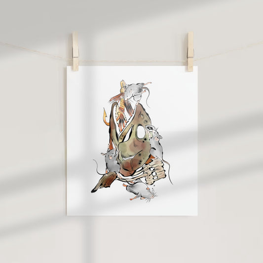 Quirky Illustration of Skull with Mice Poster