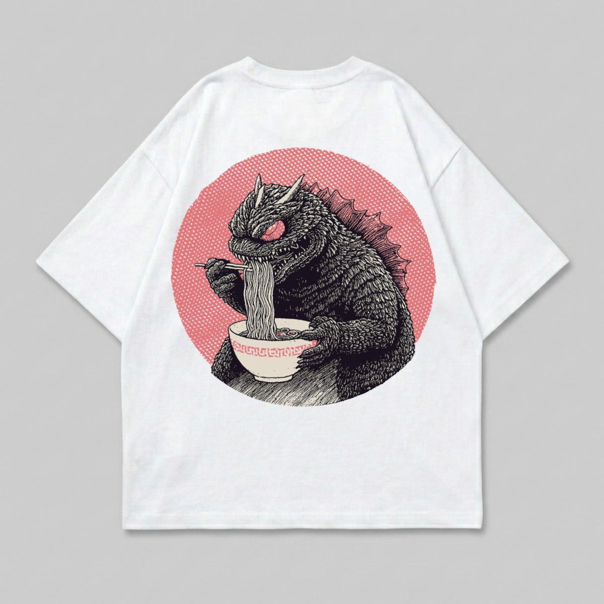 Kaiju monster eating ramen noodles pink circle product type
