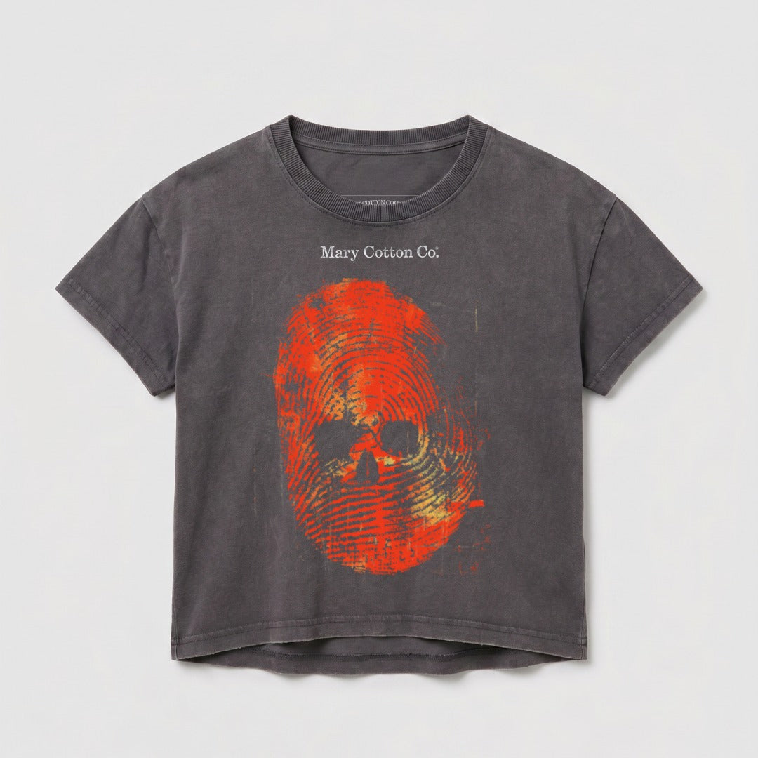 Dark grey t-shirt with an orange and red fingerprint skull graphic.