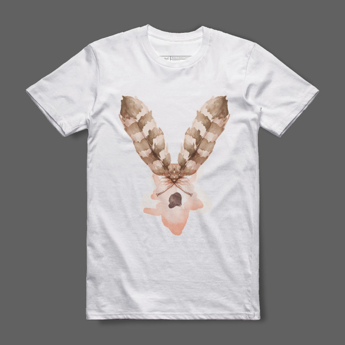 White Tee with Abstract Art and Feather Design