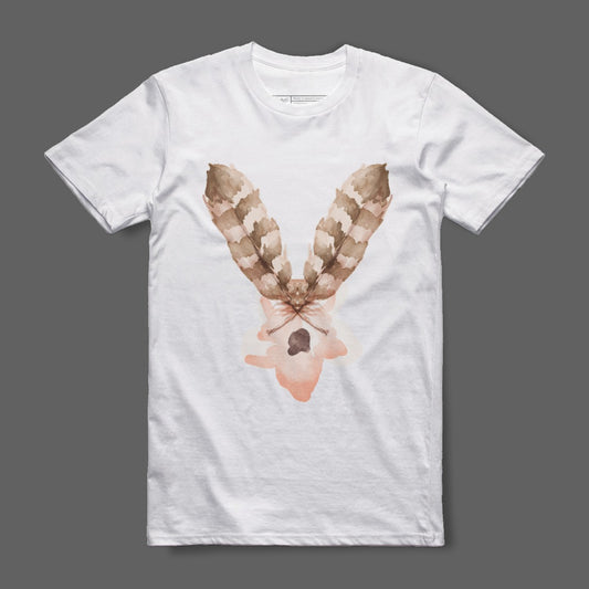 White Tee with Abstract Art and Feather Design
