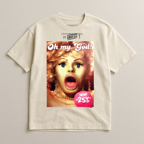 Cream t-shirt with graphic of woman's face exclaiming "Oh my God! WOW! -25%".