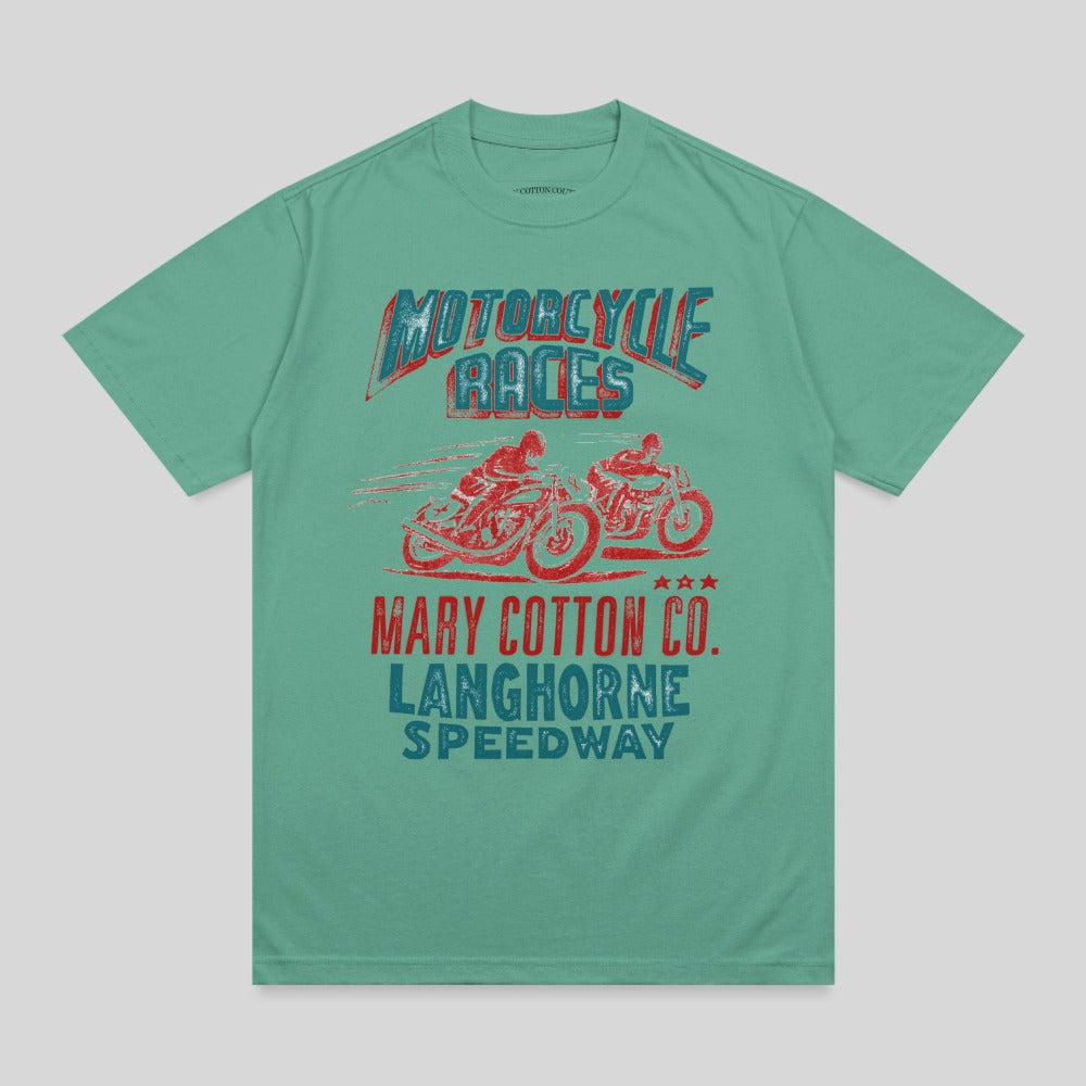 Mint green t-shirt with "Motorcycle Races" and "Mary Cotton Co. Langhorne Speedway" text.