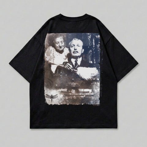 Black t-shirt with sepia-toned portrait of a man and woman, and a dragonfly.