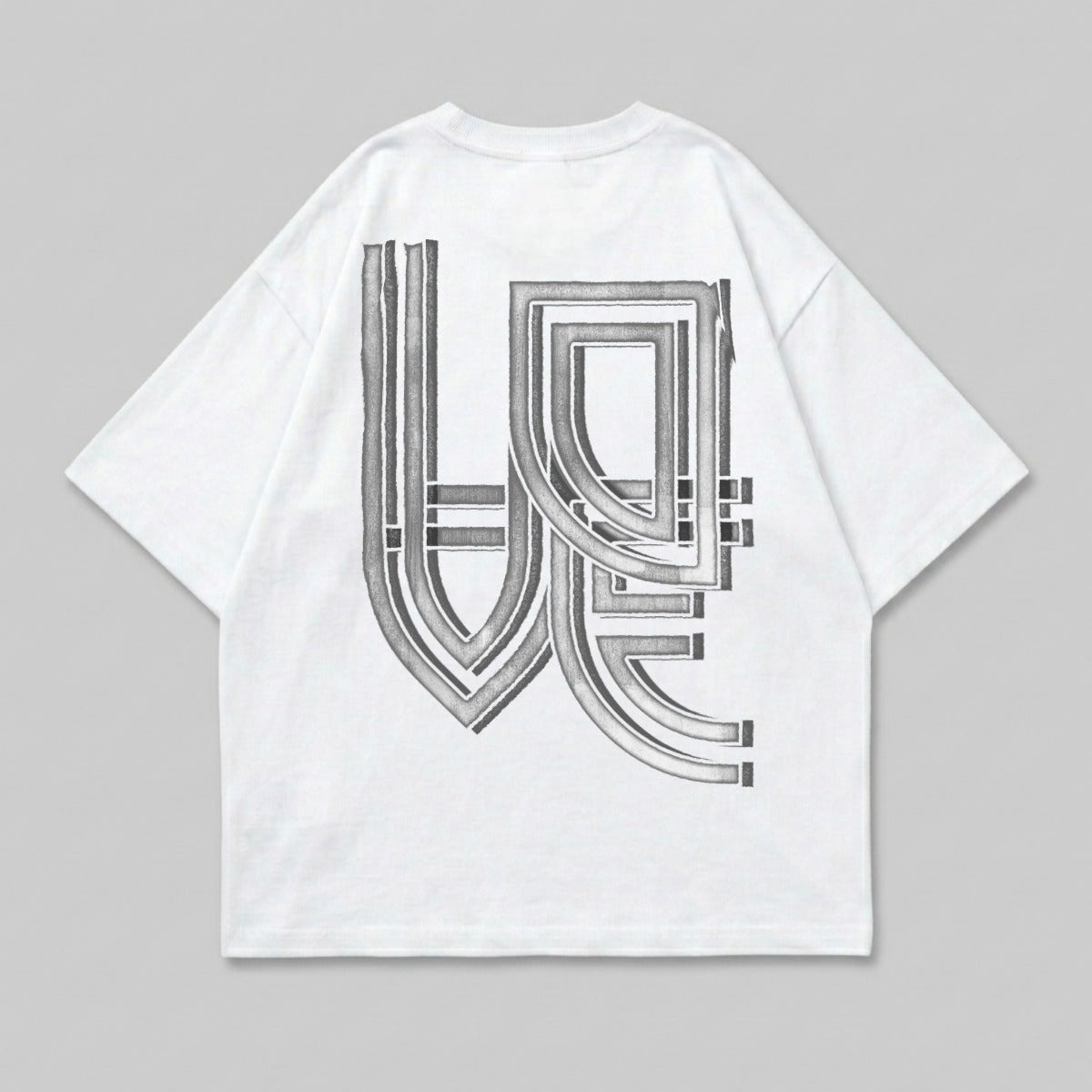 White t-shirt with a dark grey abstract geometric design on the back.