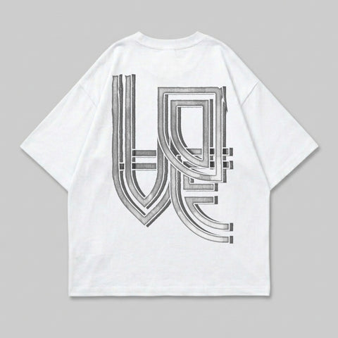 White t-shirt with a dark grey abstract geometric design on the back.