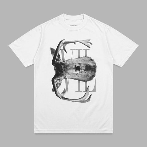 White t-shirt with a large grey graphic of an antlered animal's head.