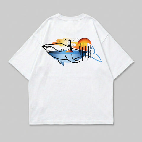 Majestic Whale Lighthouse Sunset Design White T-Shirt product type