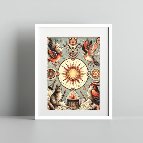 Mystic Sun and Animal Art Print Wall Decor Frame