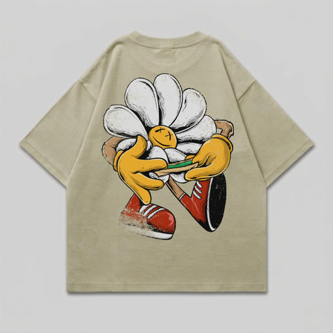 Distressed Daisy Rolling Cartoon Character Graphic product type
Daisy flower
Cartoon graphic
Stoner vibe
Rolling joint
Happy flower
Distressed print
Streetwear style
Unique design
Funny character
Retro cartoon
Cannabis art
Oversized look
Skate style
Hippie inspired
Green leaf
Yellow gloves
Red sneakers
Chill vibe
Novelty print
Cool graphic
