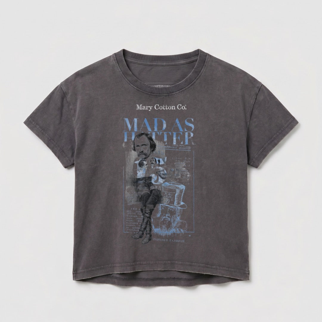 Grey t-shirt with "Mary Cotton Co. Mad as Hatter" graphic of a man.