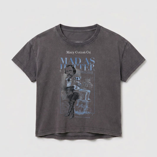 Grey t-shirt with "Mary Cotton Co. Mad as Hatter" graphic of a man.