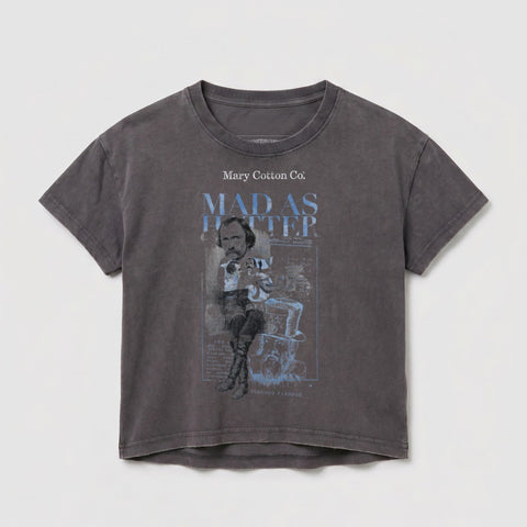 Grey t-shirt with "Mary Cotton Co. Mad as Hatter" graphic of a man.