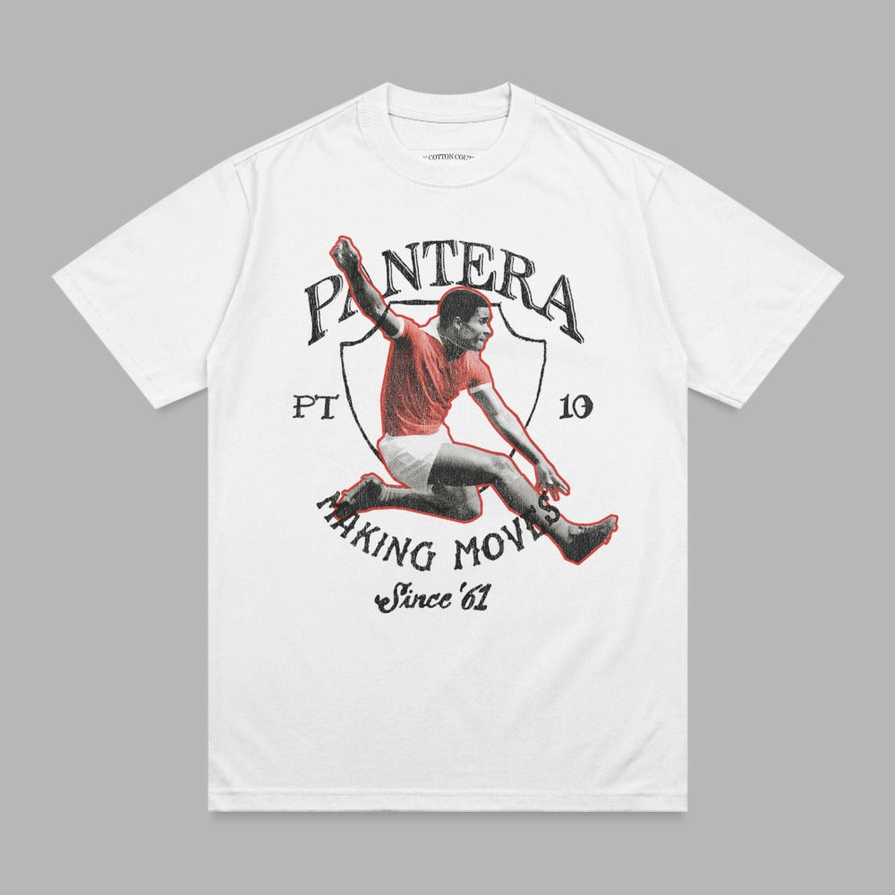 White t-shirt with graphic of vintage football player in motion.