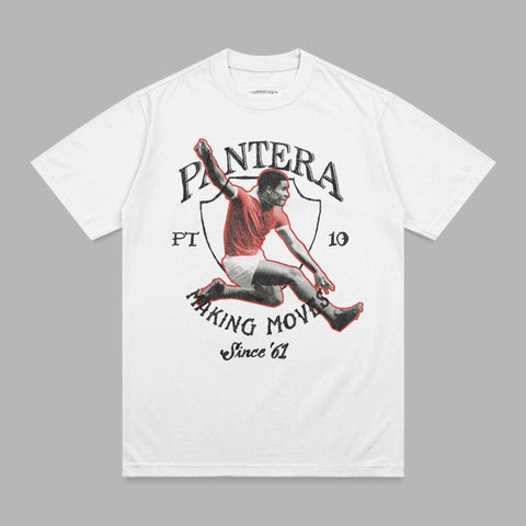 White t-shirt with graphic of vintage football player in motion.
