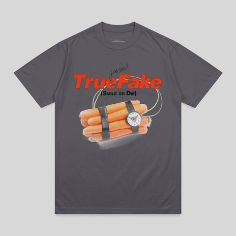 T-shirt with a bomb made of carrots, with text "TrueFake (SMILE OR DIE)".