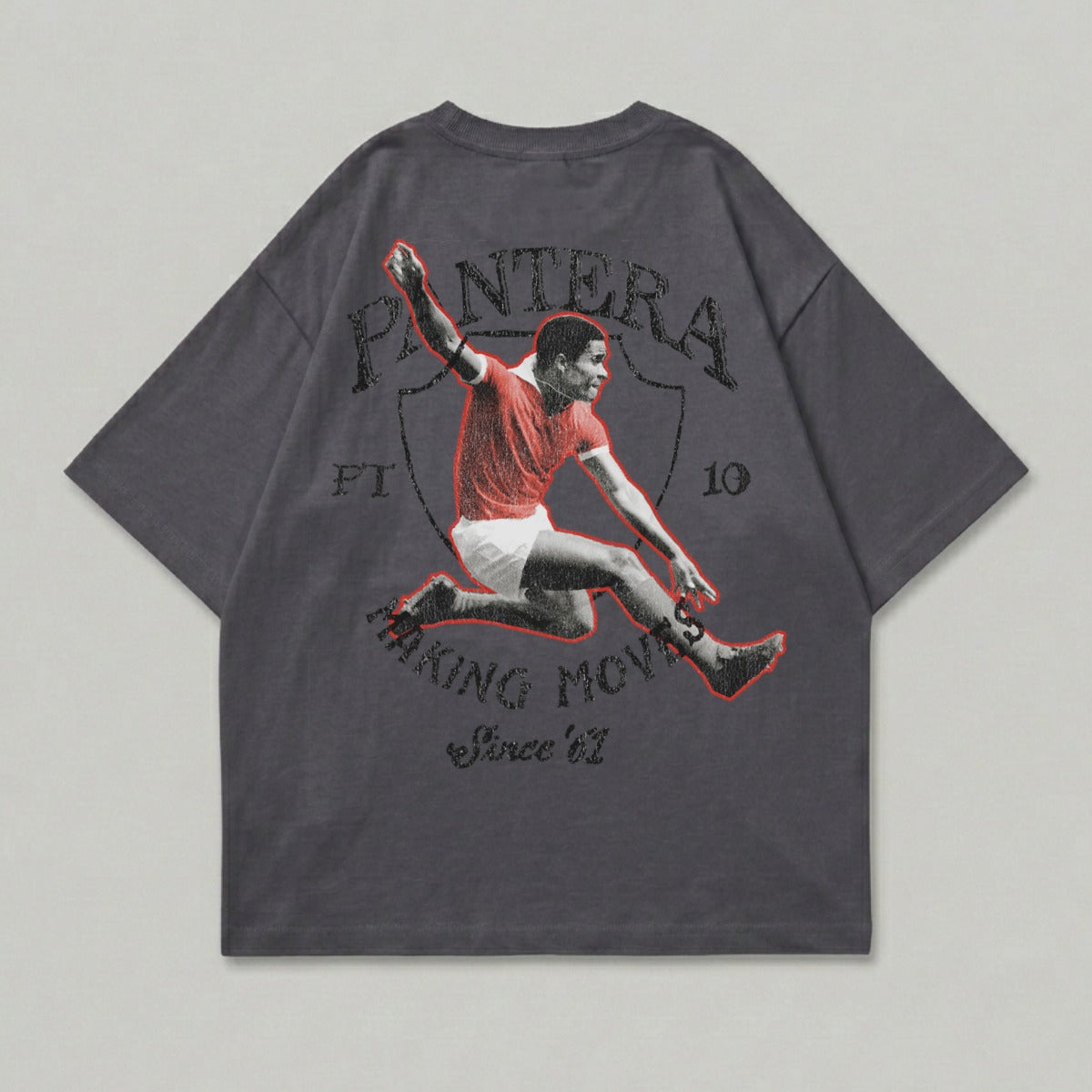 Dark grey t-shirt with vintage graphic of soccer player and "PANTERA" text.