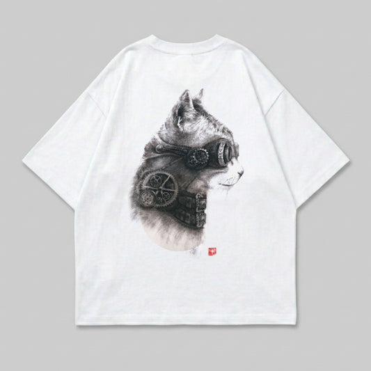 White t-shirt with detailed steampunk cat graphic wearing goggles.