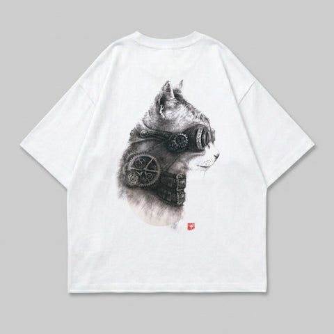 White t-shirt with detailed steampunk cat graphic wearing goggles.