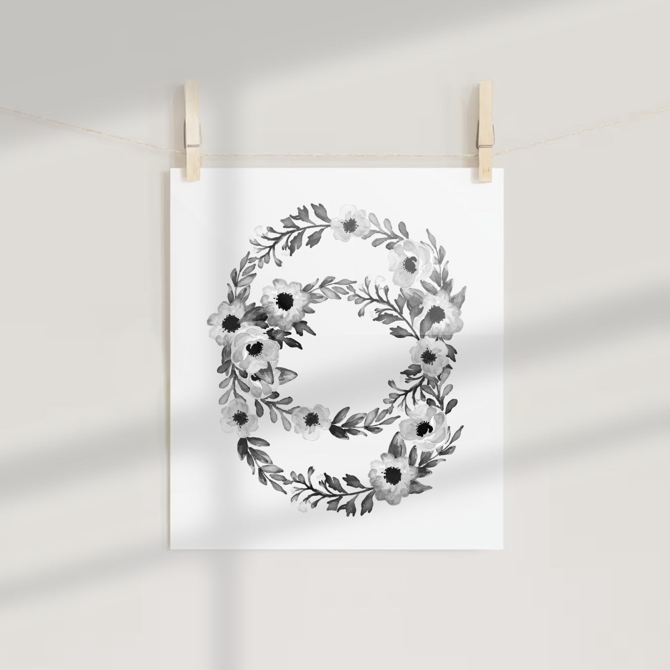 Black and White Floral Wreath Art Print Home Decor