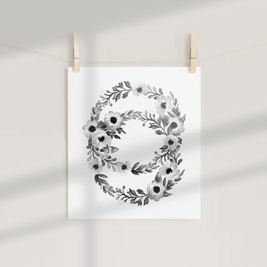 Black and White Floral Wreath Art Print Home Decor
