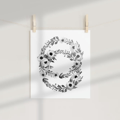 Black and White Floral Wreath Art Print Home Decor