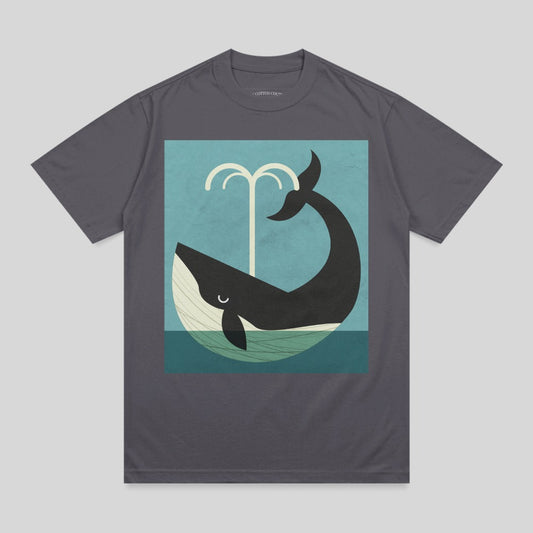 Whale spouting water against a teal background on a dark grey t-shirt.