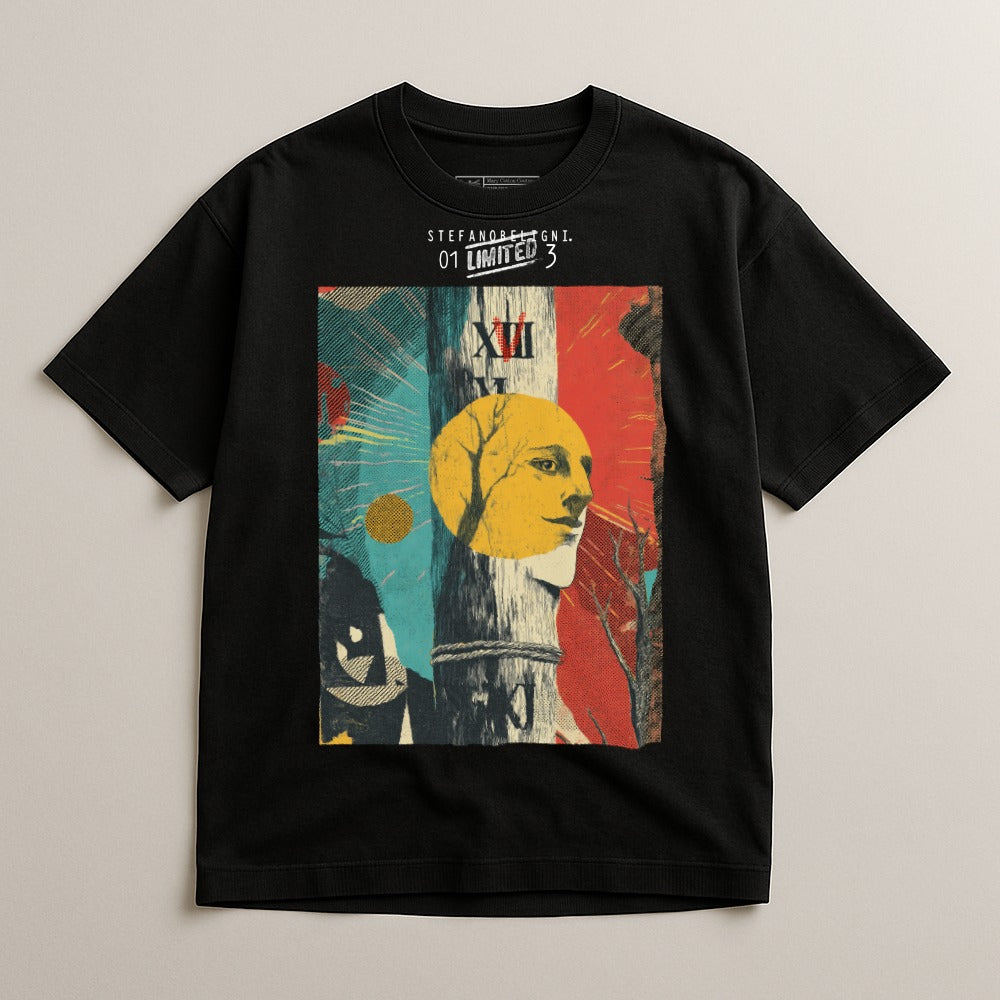 Black t-shirt with abstract art featuring a woman's face, moon, and trees.