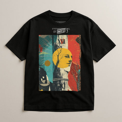 Black t-shirt with abstract art featuring a woman's face, moon, and trees.