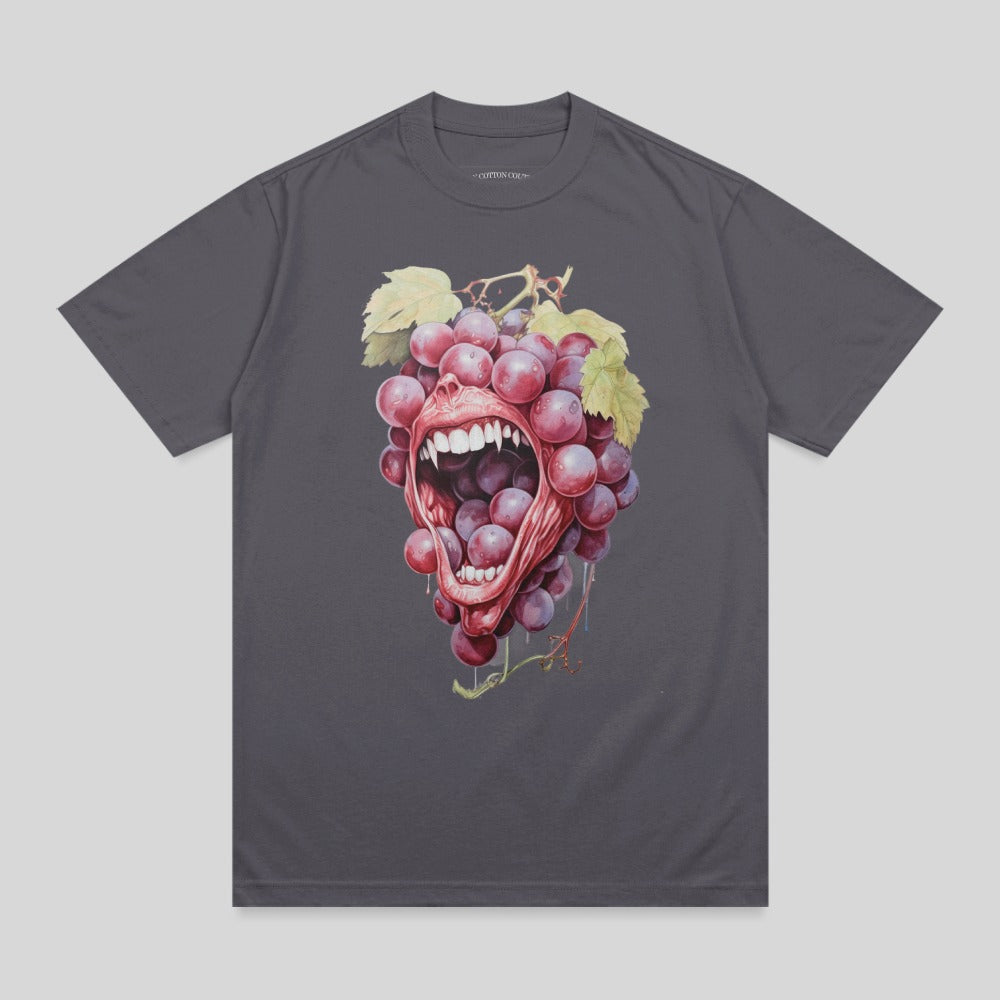 Dark gray t-shirt with illustration of a bunch of grapes with a mouth screaming.