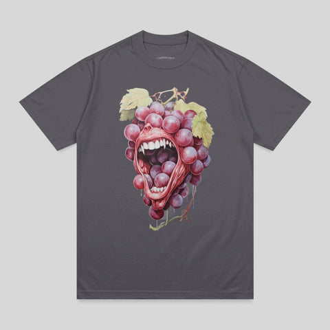 Dark gray t-shirt with illustration of a bunch of grapes with a mouth screaming.