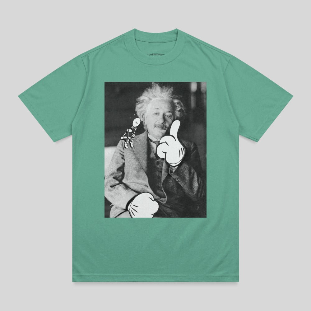 Albert Einstein giving a thumbs up, with Mickey Mouse ears and gloves.