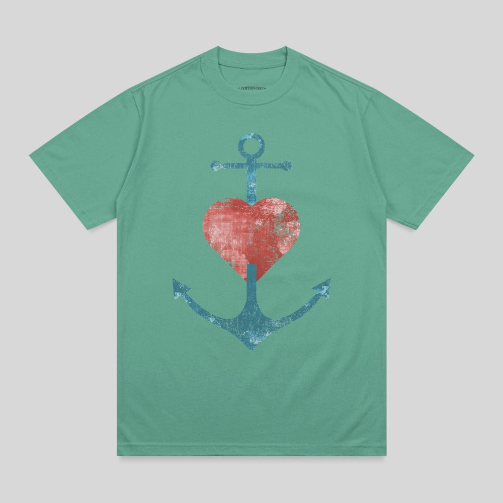Teal t-shirt with distressed anchor and heart graphic.