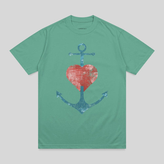 Teal t-shirt with distressed anchor and heart graphic.
