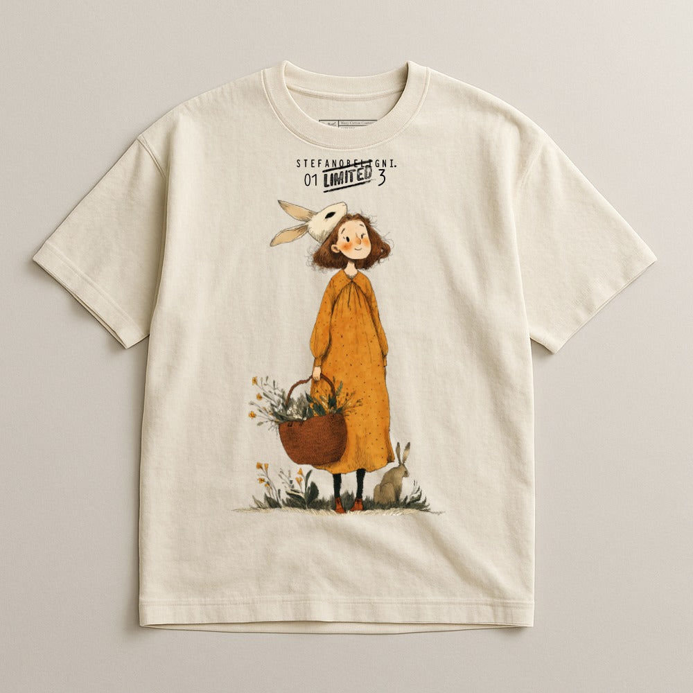 Girl in orange dress with bunny ears, holding a basket of flowers with a rabbit.