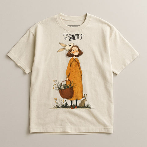Girl in orange dress with bunny ears, holding a basket of flowers with a rabbit.