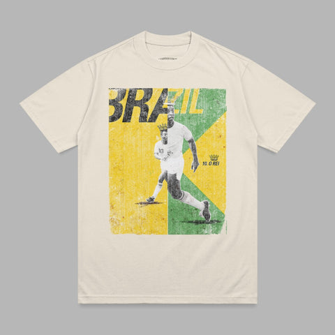 T-shirt graphic featuring a running soccer player with "BRAZIL" and "10. O REI" text.