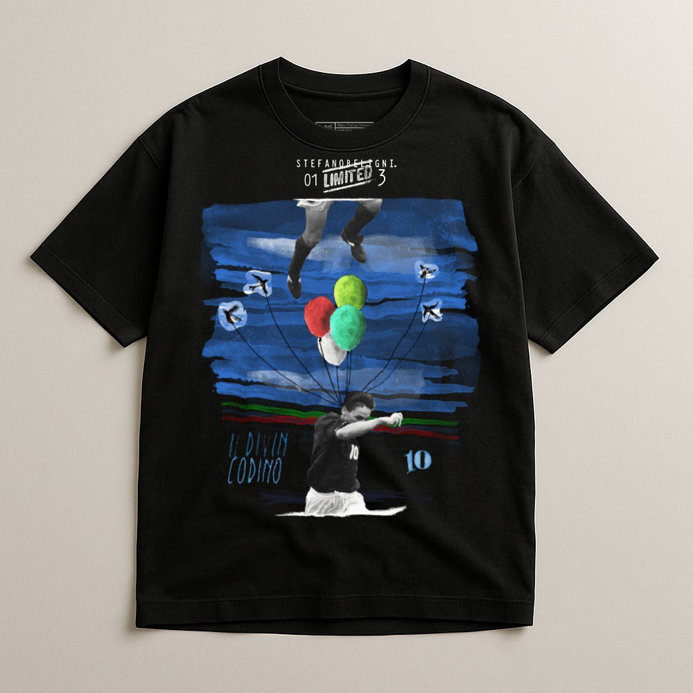 Black t-shirt with graphic of soccer player Diego Maradona with balloons.