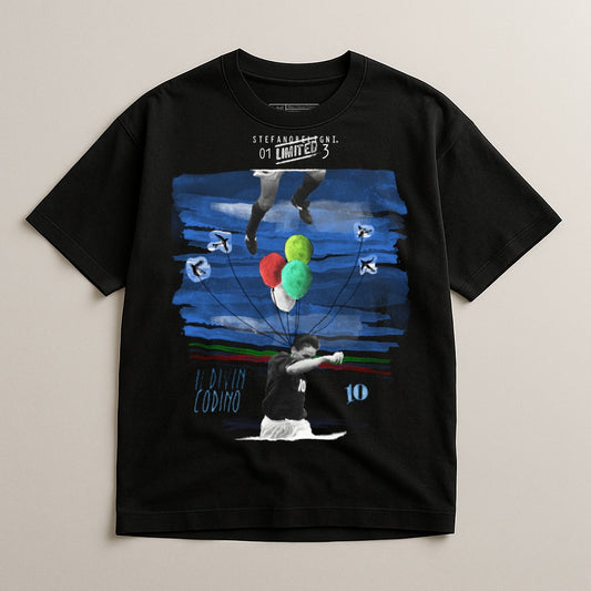 Black t-shirt with graphic of soccer player Diego Maradona with balloons.