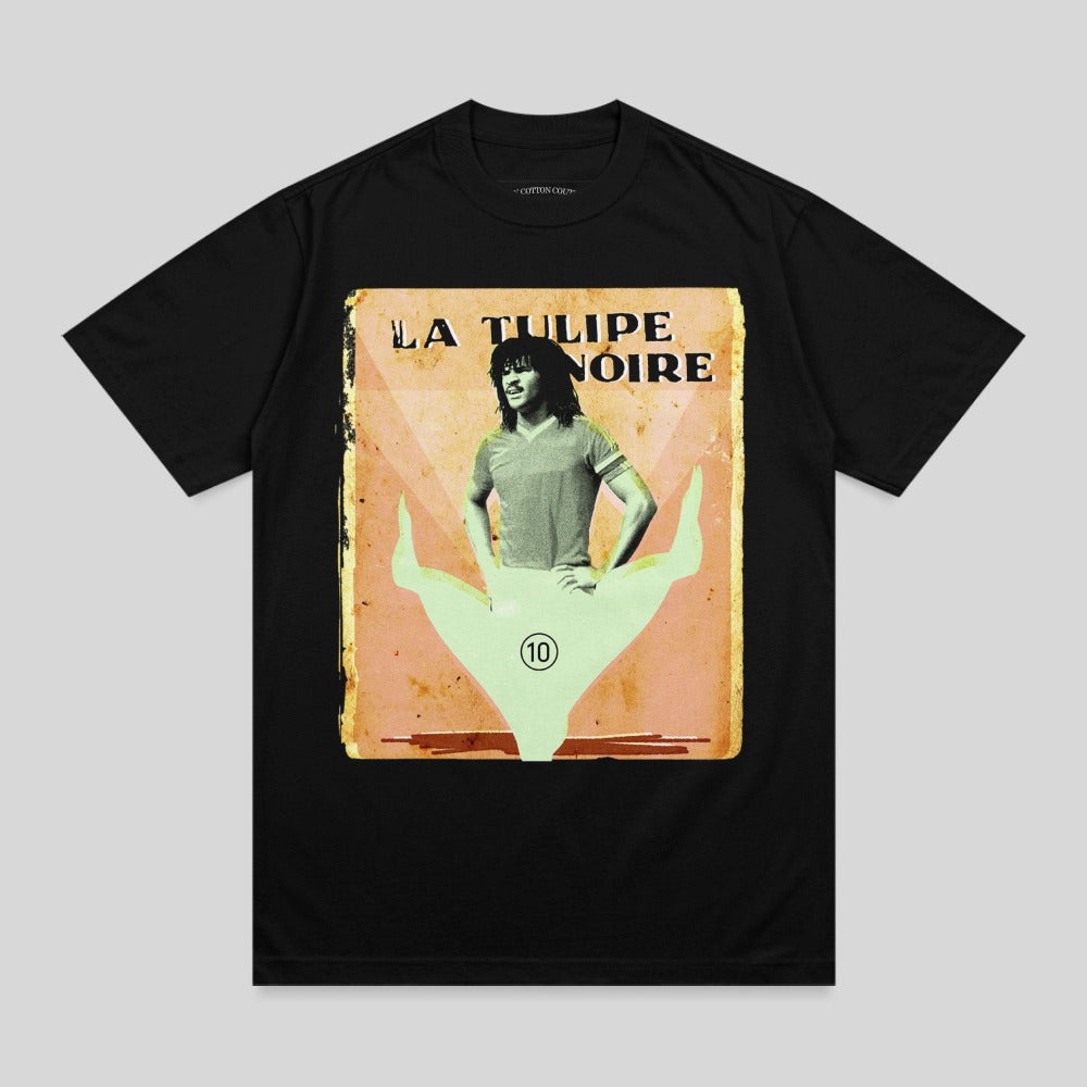 Black t-shirt featuring a vintage graphic of a person and "LA TULIPE NOIRE" text.